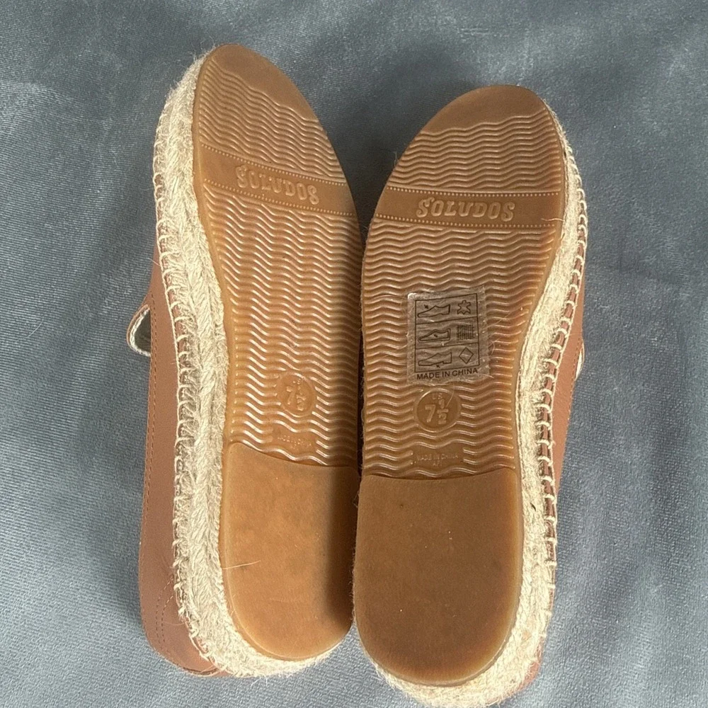 Soludos Women's 7.5 Espadrilles Camel Brown Leather Platform Slip On Sandal